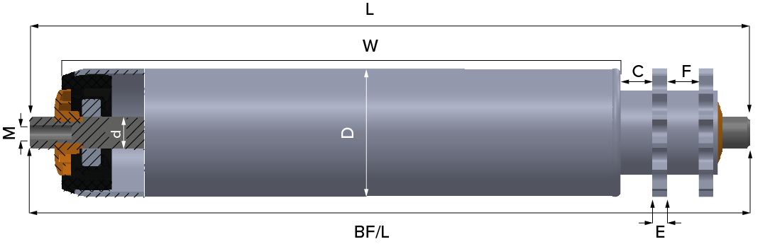 Internal Toothed Conveyor Rollers Technical Drawing